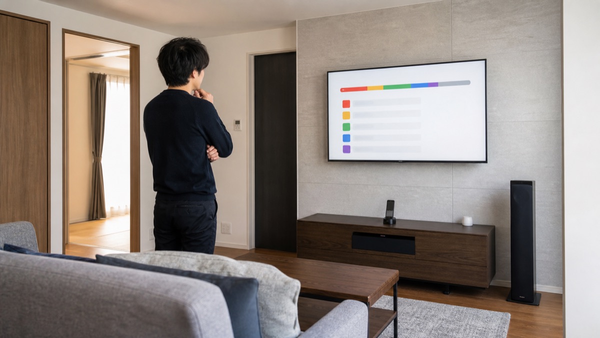 テレビ画面に映したiPhoneストレージの内訳を確認する様子