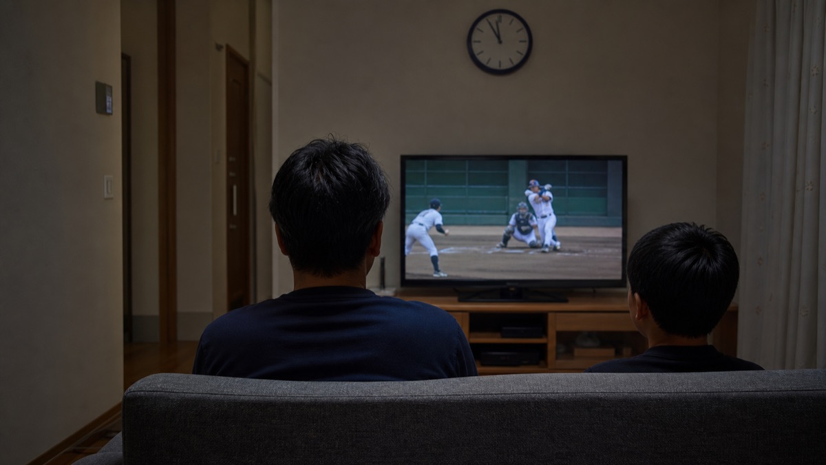 夜11時台に家族で高校野球のハイライトを見る居間