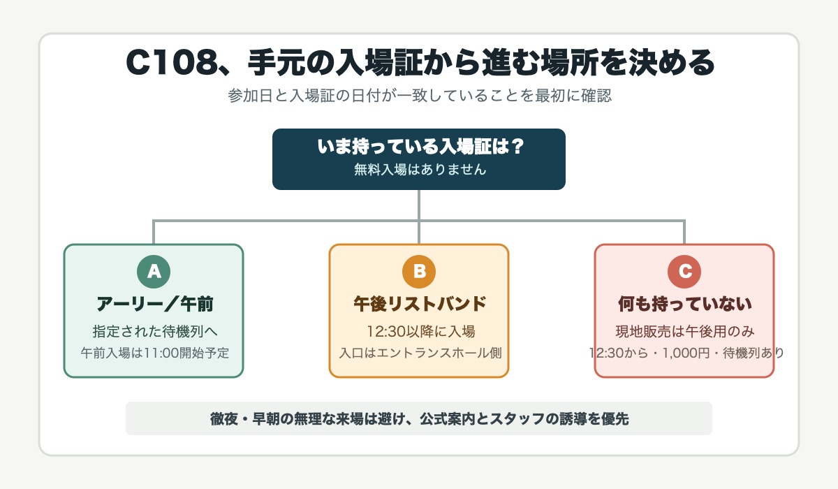 C108の入場証別に進む場所を示した判断図