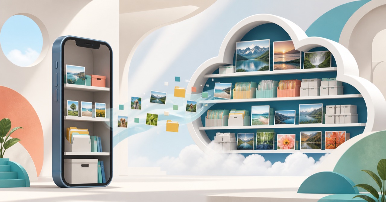 iPhone本体とiCloudを別の収納場所として表した編集イラスト