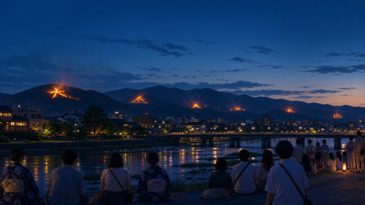 京都の山々に五山送り火がともる流れを表した夕景の編集イラスト
