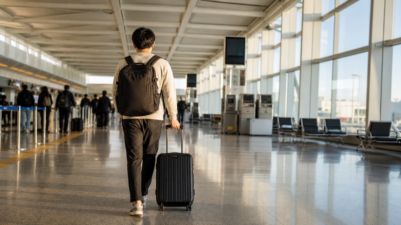 韓国へ向かう旅行者が機内持ち込み用のバックパックと小型キャリーで空港を歩くイメージ