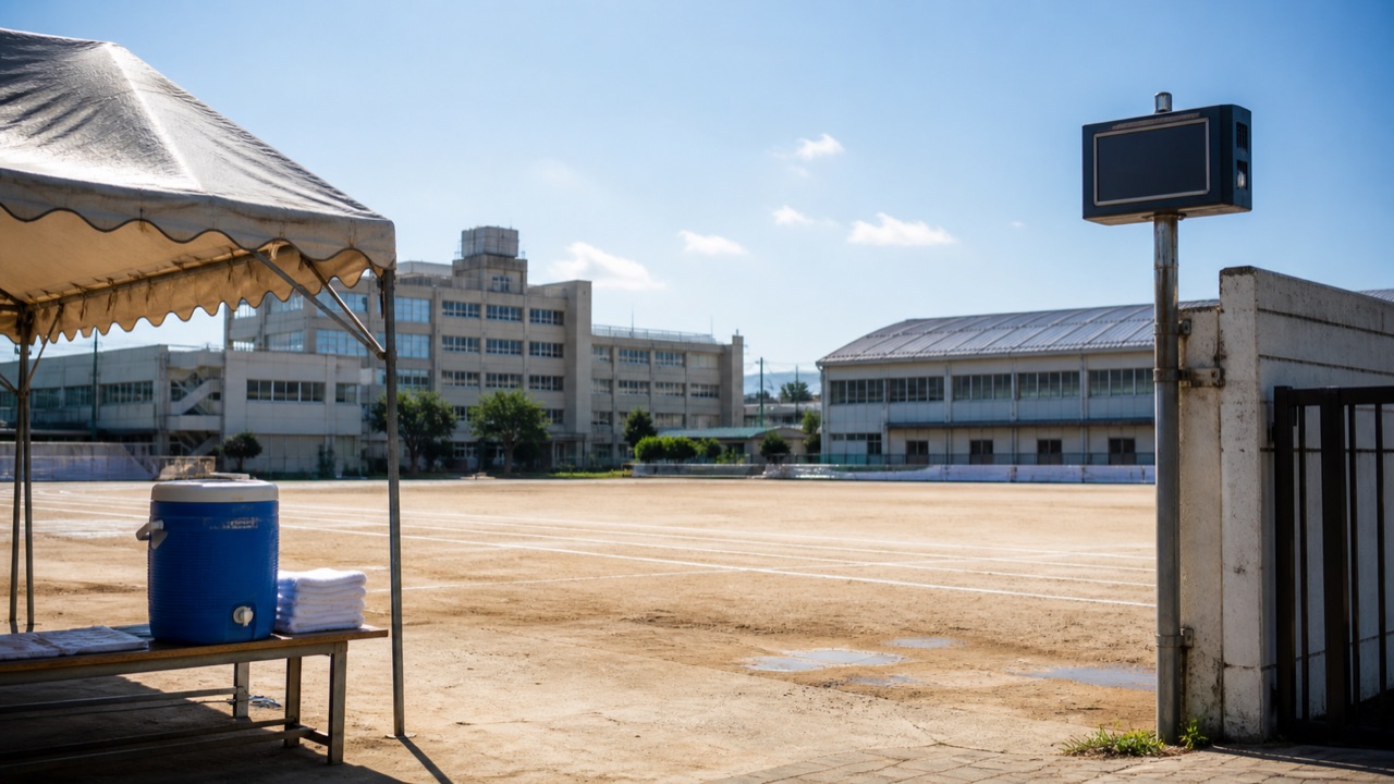 強い日差しのため活動を止めた学校の校庭を表す編集用イメージ