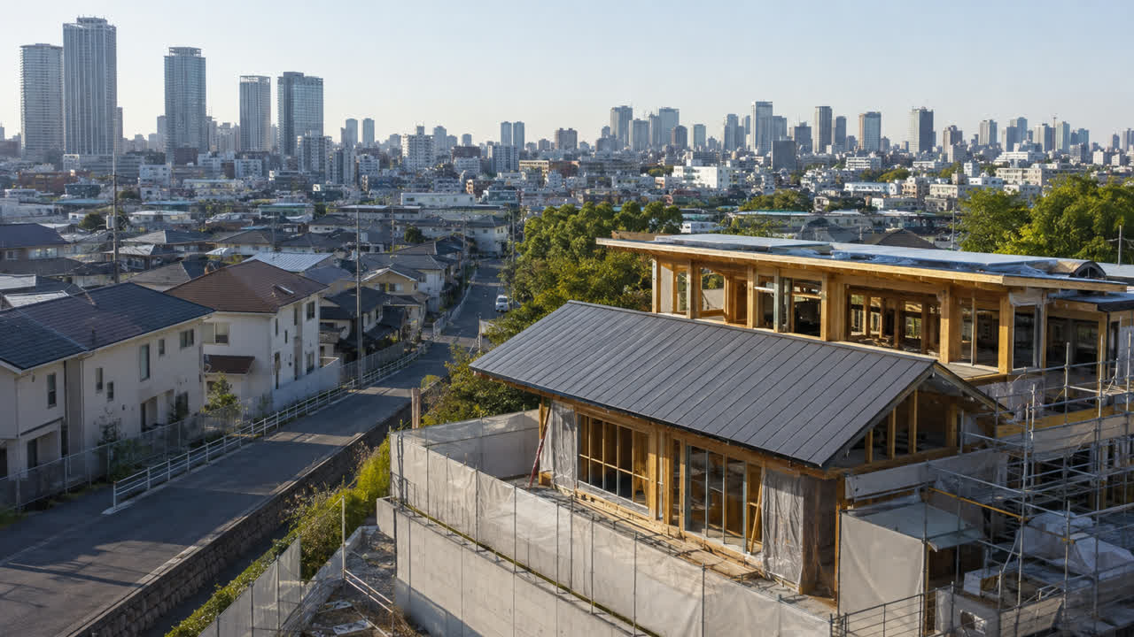 郊外の戸建て住宅地と都市部、その手前で建築中の住宅を見渡す編集イメージ
