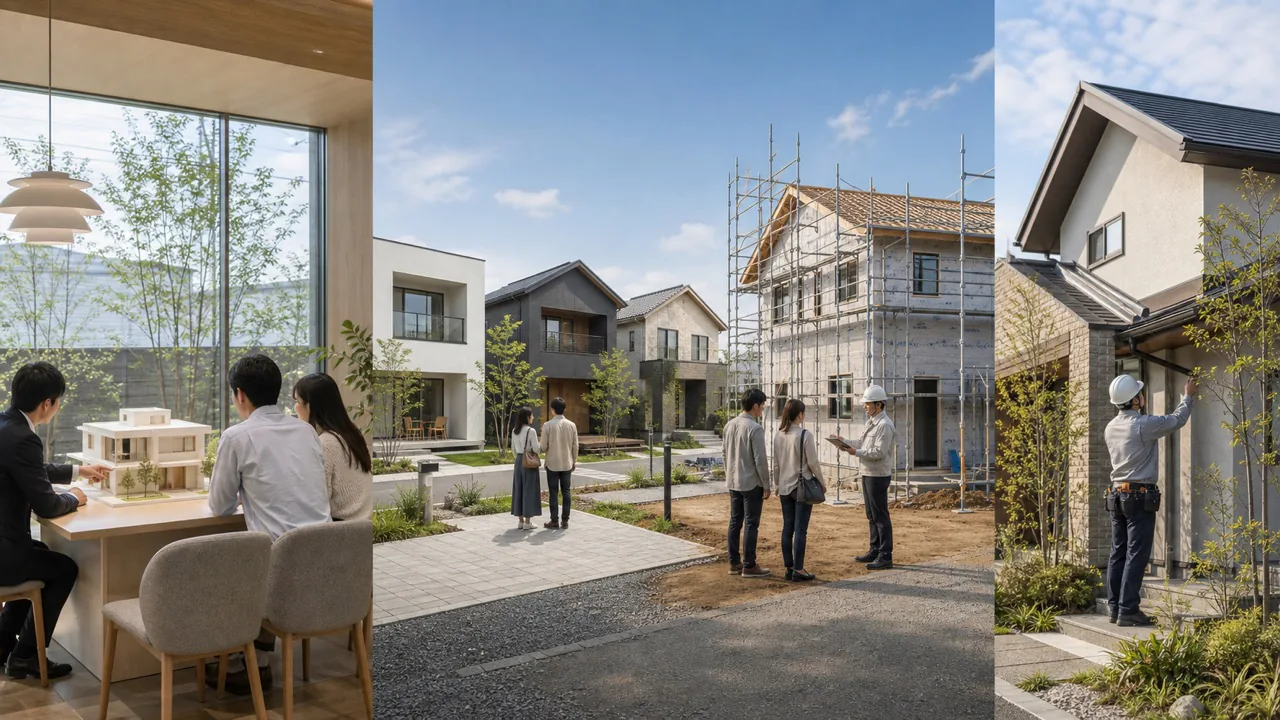 注文住宅の相談、規格住宅の比較、建築中の打ち合わせ、既存住宅の点検を並べた編集イメージ
