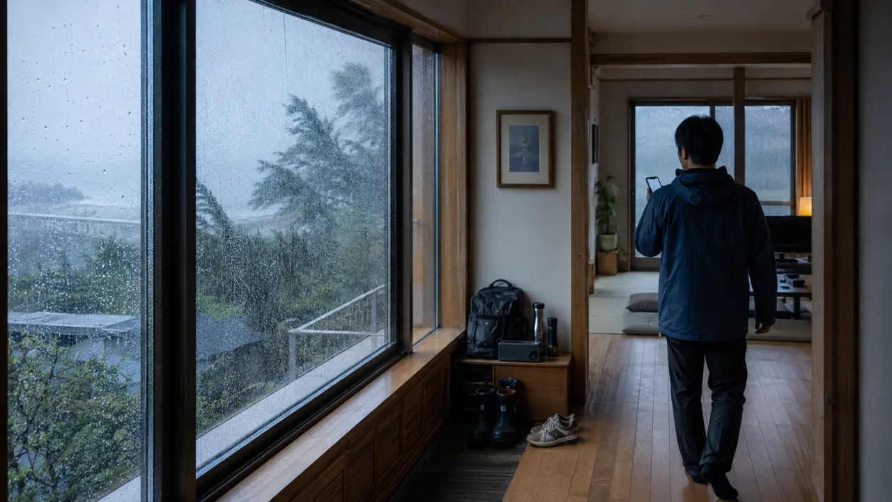 大雨時に窓から離れた屋内で公式情報を確認する安全行動の編集イメージ