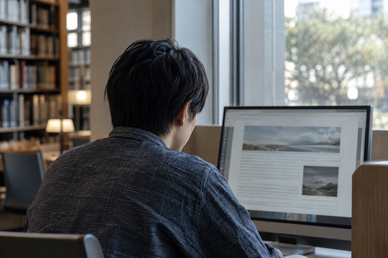 窓際の閲覧席でパソコンの記事を読む人のイメージ