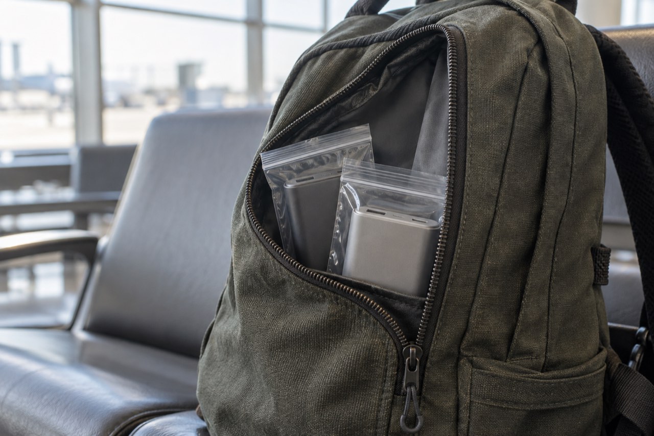 透明な袋に一つずつ入った二つの充電器が見える旅行用リュック