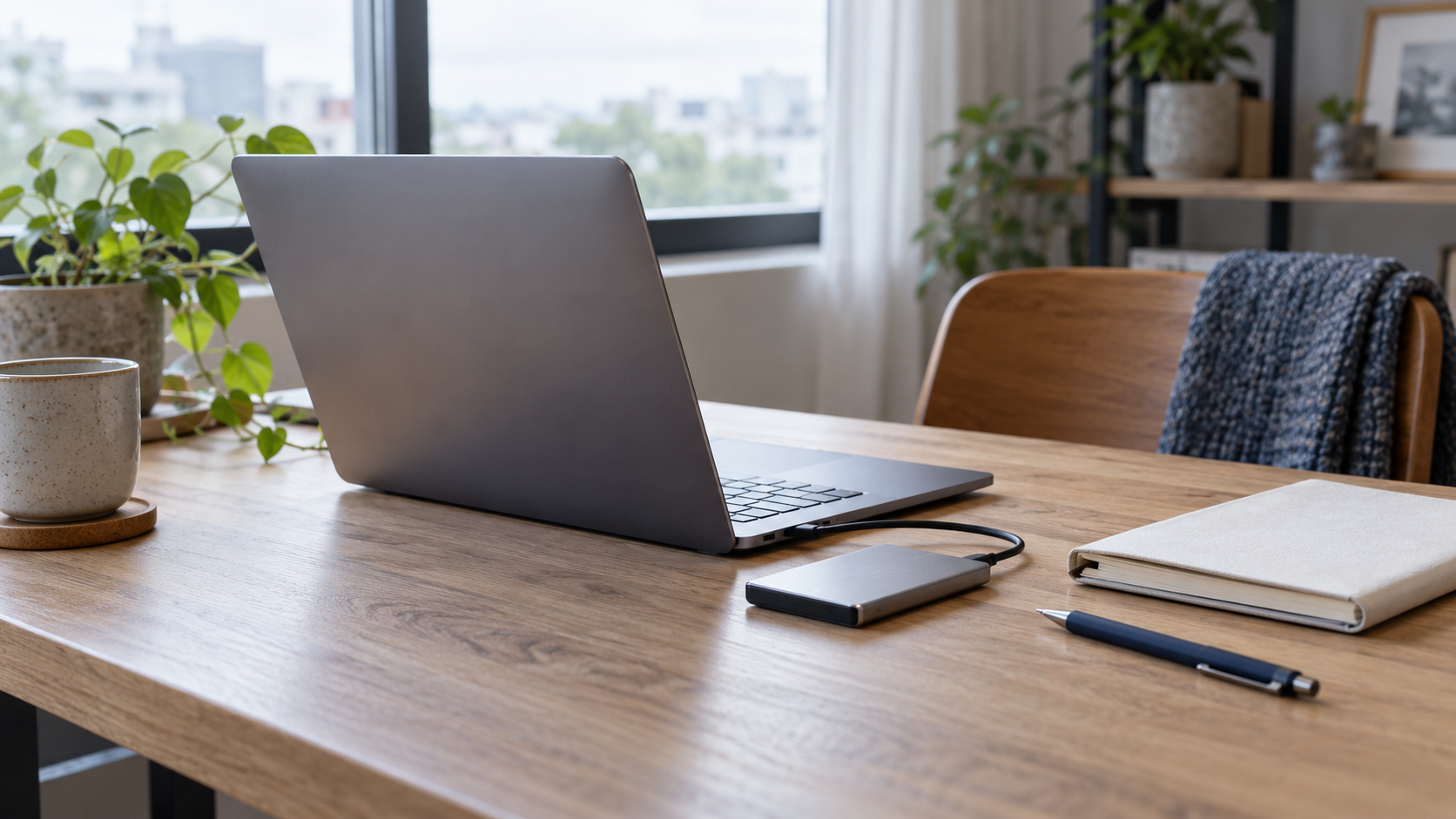 窓辺の木の机に置かれたノートPC、外付けSSD、ノートのイメージ