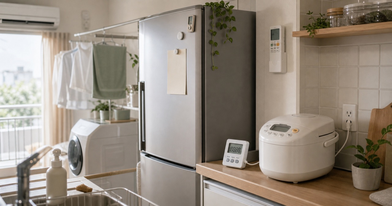 一人暮らしの部屋で家電と電気代を見直す様子