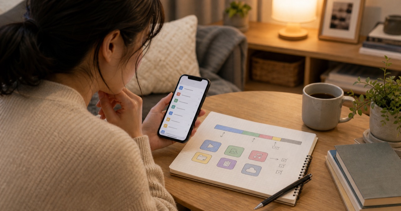 不要なアプリやダウンロードを整理するスマホ画面とチェックリスト