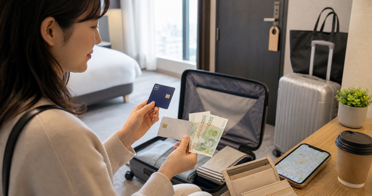 ホテルで交通カードとクレジットカードと現金を分けて準備する様子