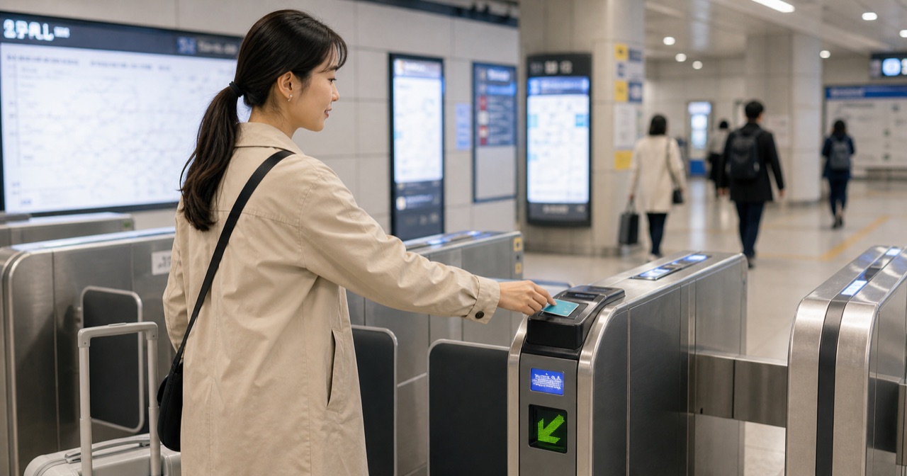 韓国の地下鉄改札で交通カードをタッチする旅行者