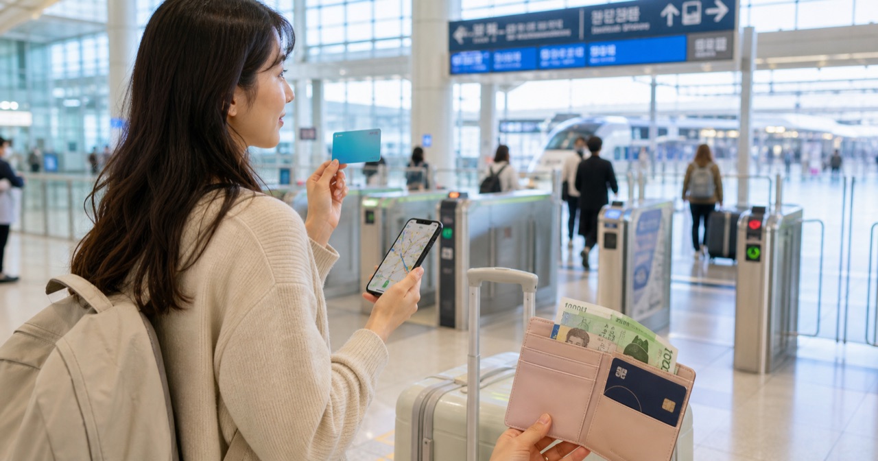 韓国の空港到着後に交通カードとスマホを確認する旅行者