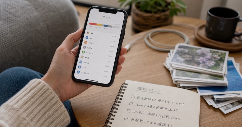 iPhoneの写真を消しても容量が減らない？先に見る原因と整理手順のイメージ